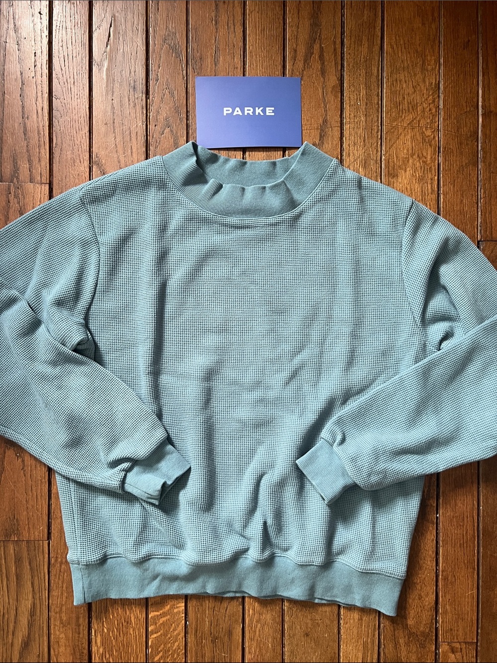 PARKE Glacier Blue Waffle Knit Mockneck Size S/M New In Bag NIB